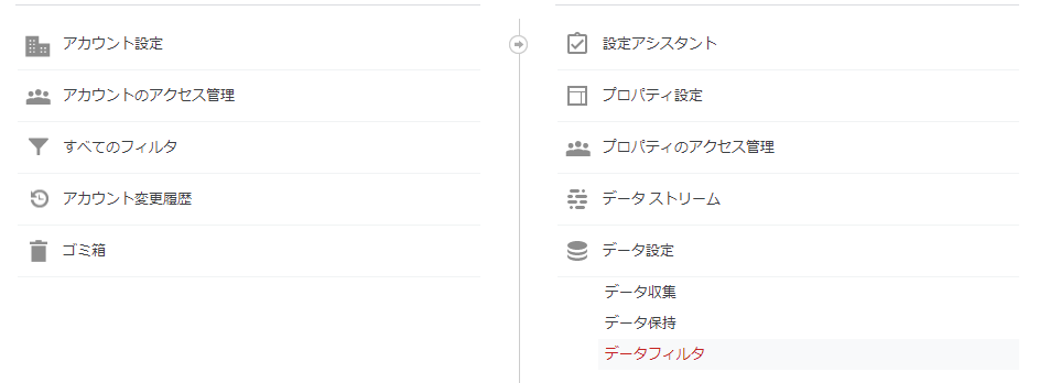 管理の「データ設定」→「データフィルタ」をクリックします。